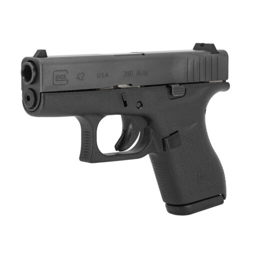 The Glock 42 is a compact .380 Auto semi-automatic pistol, designed for concealed carry. It features a 6-round magazine, a slim profile, and a polymer frame for lightweight durability. Known for its ease of use and reliability, the G42 is ideal for personal defense.